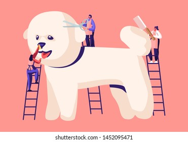 Tiny Characters on Ladders Care of Cute Poodle Puppy at Groomer Salon, Cut Wool, Brushing with Comb, Pet Hair Salon, Styling and Grooming Shop, Pet Store for Dogs Cartoon Flat Vector Illustration