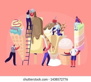 Tiny Characters on Ladders Decorate Ice Cream. Summer Time Food, Delicious Sweet Dessert, Cold Meal. Different Types of Icecream Popsicle, Waffle Cone, Creme Brulee. Cartoon Flat Vector Illustration