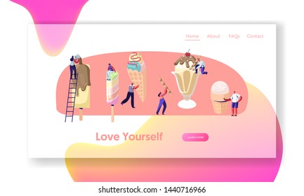 Tiny Characters on Ladders Decorate Ice Cream with Topping, Fruits and Chocolate. Sweet Food, Hot Weather, Sweet Dessert, Cafe Website Landing Page, Web Page. Cartoon Flat Vector Illustration, Banner