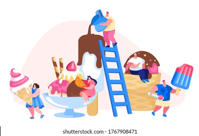 Tiny Characters on Ladders Decorate Ice Cream. Summer Time Food, Delicious Sweet Dessert, Cold Meal. Different Types of Icecream Popsicle, Waffle Cone, Creme Brulee. Cartoon People Vector Illustration