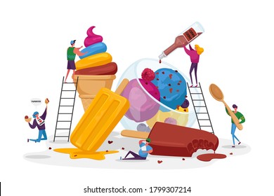 Tiny Characters on Ladders Decorate Ice Cream. Delicious Sweet Dessert, Summer Time Food, Cold Meal. Different Types of Icecream Popsicle, Waffle Cone, Creme Brulee. Cartoon People Vector Illustration