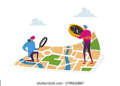 Tiny Characters Orienteering at Huge Paper Map. Men with Magnifier and Compass Searching Correct Way in Foreign City or Tourist Route. Geolocation, Gps Navigation. Cartoon People Vector Illustration