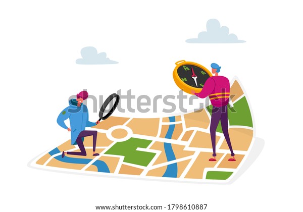 Tiny Characters Orienteering at Huge Paper\
Map. Men with Magnifier and Compass Searching Correct Way in\
Foreign City or Tourist Route. Geolocation, Gps Navigation. Cartoon\
People Vector\
Illustration