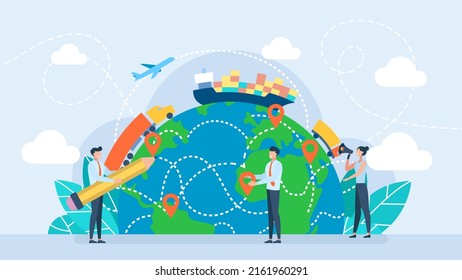 Tiny Characters Pave The Route On The Map Of The Earth. The Shortest Way. Search And Track Parcels Through The App. Fast Shipping. Logistics. Import-export Cargo. Delivery. Flat Illustration. Vector