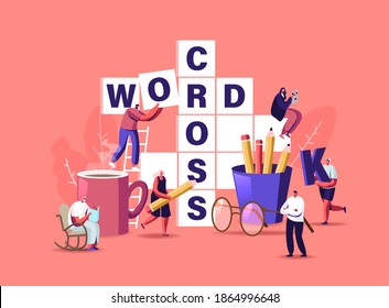 Tiny Characters with Pencil or Glasses Solve Huge Crossword. Spare Time Recreation, Brain Training, Puzzle Solving Concept. People Have Fun Thinking on Riddle, Logic Game. Cartoon Vector Illustration