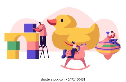 Tiny Characters Playing with Different Playthings for Children Building Constructor Blocks, Riding Wooden Horse Play with Whirligig. People Gaming with Huge Baby Toys Cartoon Flat Vector Illustration