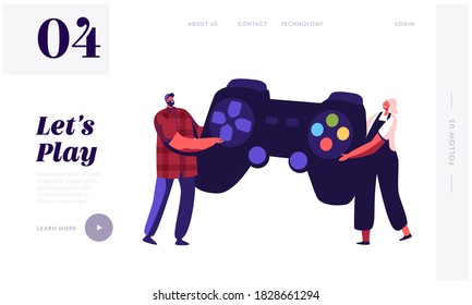 Tiny Characters Playing Videogame.Landing Page Template. Man and Woman Gamers with Huge Gamepad Playing Video Game. Recreation Technology, Entertainment Industry. Cartoon People Vector Illustration