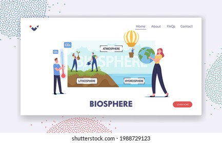 Tiny Characters Presenting Earth Biosphere Infographics. Landing Page Template. Atmosphere, Lithosphere And Hydrospehre. People Watering Plants, Flying On Air Balloon. Cartoon Vector Illustration