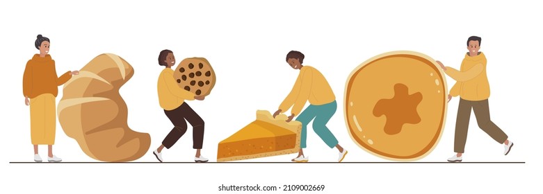 Tiny Characters Presenting Homemade pastries. People carrying pancakes, croissant, cookies, pie. Baking enthusiasts. Cartoon Flat Vector Template of poster for bakehouse, restaurant, cafe, bakery.