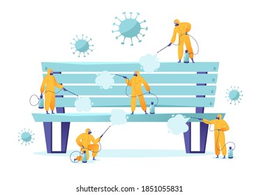 Tiny characters in protective suits, yellow jumpsuits and respirators spray disinfectant on large bench during worldwide Covid19 pandemic. Flat cartoon vector illustration isolated on white background