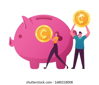 Tiny Characters Put Golden Coins to Huge Piggy Bank. People Saving and Collect Money in Thrift-box, Open Deposit, Support Crowdfunding Project. Family Finance Budget. Cartoon Vector Illustration