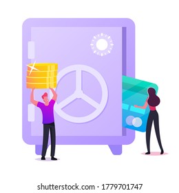 Tiny Characters Put Huge Golden Coins and Credit Card to Bank Safe. People Collecting Money, Making Savings, Investment, Cash Safety, Finance Protection and Deposit. Cartoon Vector Illustration