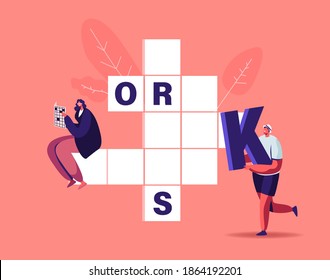 Tiny Characters Put Huge Letters in Empty Crossword Boxes. People Solve Riddle, Spare Time Recreation, Brain Training, Puzzle Solving Concept. Fun, Thinking on Logic Game. Cartoon Vector Illustration