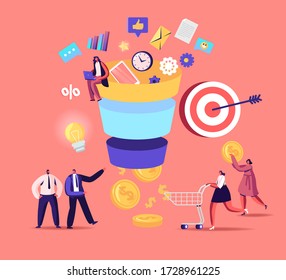 Tiny Characters Put Money into Huge Sales Funnel. Digital Marketing Lead Generations Strategy with Buyers, Conversion Rate Optimization Concept. Funnel Marketing. Cartoon Vector People Illustration