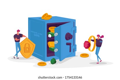 Tiny Characters Put Savings to Bank Safe Full of Money and Jewelry. Investment and Safety, Business Man and Woman Holding Huge Golden Shield and Ring, Bulgar Protection. Cartoon Vector Illustration