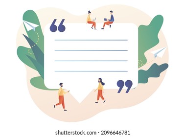 Tiny characters quoted text great and famous people. Quote box and big speech bubble. Texting quote boxes. Modern flat cartoon style. Vector illustration on white background