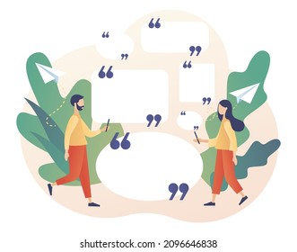 Tiny characters quoted text great and famous people. Quote box and speech bubbles. Texting quote boxes. Modern flat cartoon style. Vector illustration on white background