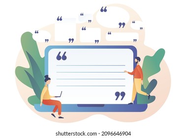 Tiny Characters Quoted Text Great And Famous People. Quote Box And Speech Bubble On Laptop Screen. Texting Quote Boxes. Modern Flat Cartoon Style. Vector Illustration On White Background