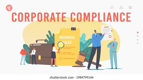 Tiny Characters Read Corporate Compliance Rules Landing Page Template. Representation Of Business Laws, Regulations And Standards, Ethical Practices, Terms Of Firm. Cartoon People Vector Illustration