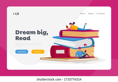 Tiny Characters Reading on Huge Books Pile. Landing Page Template. Woman and Man Students or Bookworms Spend Time in Library Prepare for Examination Get Knowledge. Cartoon People Vector Illustration
