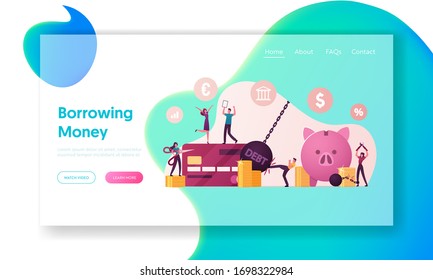 Tiny Characters Rejoice for Money Debt Deliverance Landing Page Template. Happy People Cutting Chains at Huge Piggy Bank and Credit Card, Slavery Finish, Finance Freedom. Cartoon Vector Illustration