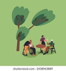 Tiny characters relaxing in park, sitting at table outdoors. Young people, men and women friends talking, drinking, spending time in nature on summer holiday, vacation. Flat vector illustration