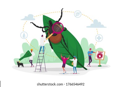 Tiny Characters Search Dangerous Insect. Mite Hid on Plant Leaf, People Spraying Insect Repellent on Skin and Dog Outdoor. Encephalitis Mite, Tick Bite Protection Concept. Cartoon Vector Illustration