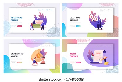 Tiny Characters Signing Loan Contract Landing Page Template Set. Men Women Borrow Money at Bank for Mortgage, Buying Property, People with Percent Symbol and Currency Bill. Cartoon Vector Illustration