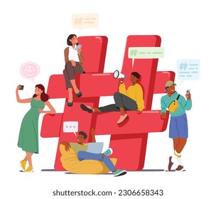 Tiny Characters With Smartphones Gather Near Huge Red Hashtag Sign, Representing The Digital Era's Influence On Communication, Connection, And Social Media Trends. Cartoon People Vector Illustration