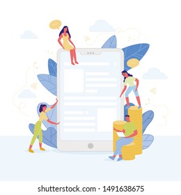 Tiny Characters with Speech Bubbles around of Huge Smartphone or Tablet, Man with Laptop Sitting on Golden Coins Pile, Smart Technologies in Human Life, Social Media. Cartoon Flat Vector Illustration