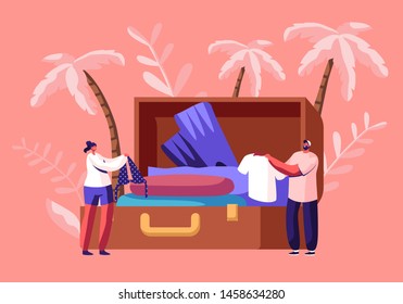 Tiny Characters Take Out Traveling Clothes and Accessories from Huge Suitcase after Vacation Trip, Summer Time Leisure, Trip Experience, Journey, Summertime Leisure Cartoon Flat Vector Illustration