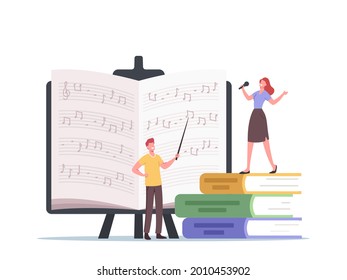 Tiny Characters Teacher with Pointer and Student Sing, Learning Notes Stand at Huge Textbooks. Vocalist Take Vocal Lessons Training Voice Singing Songs, Develop Talent. Cartoon Vector Illustration