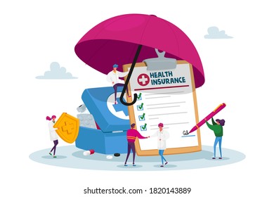 Tiny Characters under Huge Umbrella Fill Policy Document, Doctor Holding Protective Shield with Cross. People Signing Health Insurance, Medical Protection, Life Guarantee. Cartoon Vector Illustration