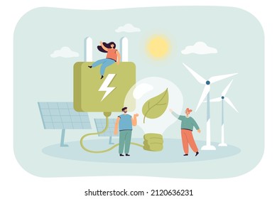 Tiny characters in village with windmills and solar panels. Save planet, people with eco-friendly lifestyle flat vector illustration. Sustainable or renewable energy, technology concept for banner