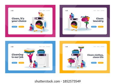 Tiny Characters Visiting Laundry Landing Page Template Set. People Loading Dirty Clothes to Huge Washing Machine Take Out Clean Dresses, Public Launderette Wash Service. Cartoon Vector Illustration