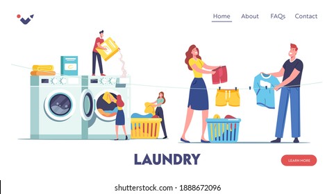 Tiny Characters Visiting Laundry Landing Page Template. People Loading Dirty Clothes to Huge Washing Machine, Take Out Clean Dresses and Hang on Rope, Laundrette Service. Cartoon Vector Illustration