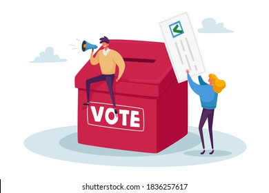 Tiny Characters Vote, Polling, Presidential Election or Social Poll Concept. Voters Casting Ballots during Voting Put Filled Paper Ballot in Box, Man with Megaphone. Cartoon People Vector Illustration