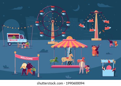 Tiny characters walking in fun fair at night. Salesmen selling food and products in stalls and booths. People in casual clothes flying kites. Night city in background. Market, theme park concept