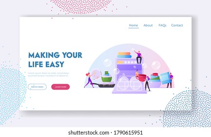 Tiny Characters Washing Kitchenware Together Put Plates to Huge Dishwasher Landing Page Template. Happy People on Kitchen Wash Dishes after Cooking and Eating Meals. Cartoon Vector Illustration