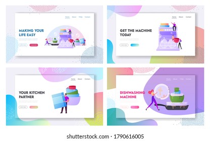 Tiny Characters Washing Kitchenware Together Put Plates to Huge Dishwasher Landing Page Template Set. Happy People on Kitchen Wash Dishes after Cooking and Eating Meals. Cartoon Vector Illustration