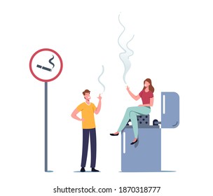 Tiny Characters Woman and Man Smoking Cigarette in Special Area with Sign and Huge Lighter. People Get Pleasure of Smoking Addiction. Harm to Health Problem, Lung Disease. Cartoon Vector Illustration