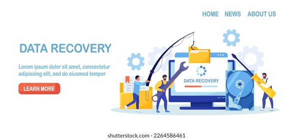 Tiny Characters in Worker Uniform Repairing HDD. Restoration Process. Data Recovery Service, Data Storage Backup and Protection. Hardware Disk Repair Service. Documents, Database Security