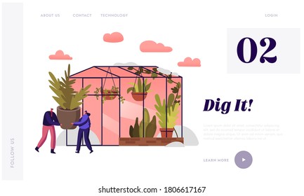 Tiny Characters Working in Winter Garden Landing Page Template. People Carry Huge Potted Plant, Planting Flowers in Greenhouse Orangery, Watering and Fertilizing Soil. Cartoon Vector Illustration