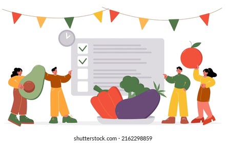 Pequeños personajes escriben una lista de productos alimenticios saludables para comprar en un enorme papel en blanco. Equilibrio alimentario, ingredientes de nutrición orgánica frutas y verduras para el bienestar corporal Ilustración vectorial de la línea