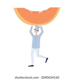 Tiny cheerful chef carries a huge hunk of pumpkin to cook a pumpkin dessert pie. Cooking holiday traditional food for thanksgiving. Flat vector illustration isolated on a white.