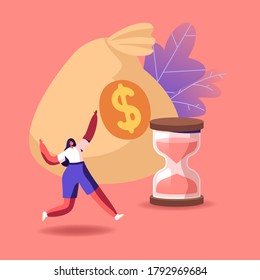Tiny Cheerful Female Character Running near Huge Money Sack and Hourglass. Profit Savings and Investment, Loan Contract, Dollar Currency Saving, Bank Debt or Deposit. Cartoon Vector Illustration