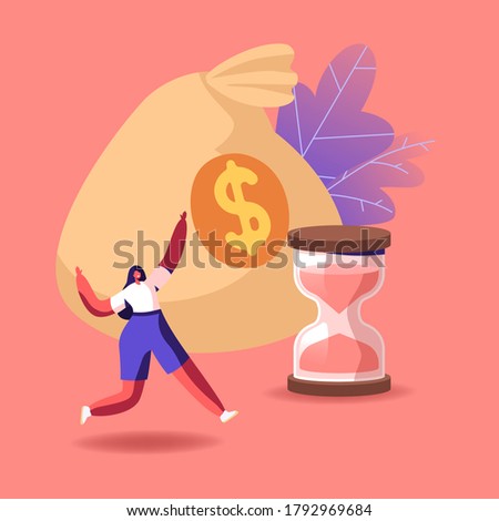 Tiny Cheerful Female Character Running near Huge Money Sack and Hourglass. Profit Savings and Investment, Loan Contract, Dollar Currency Saving, Bank Debt or Deposit. Cartoon Vector Illustration