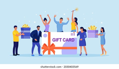 Tiny Cheerful People With Big Gift Card. Customer Happy About Discount Card, Coupon, Voucher, Certificate. Earn Loyalty Program Points And Get Online Reward And Gifts Or Bonus. Vector Illustration