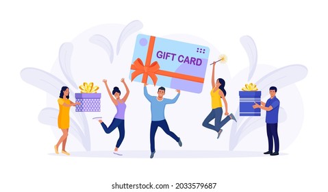 Tiny Cheerful People With Big Gift Card, Present Box. Customer Happy About Discount Card, Coupon, Voucher, Certificate. Earn Loyalty Program Points And Get Online Reward And Gifts Or Bonus