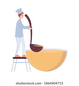 Tiny chef cartoon character cook cooking something in huge bowl or pan, flat vector illustration isolated on white background. Food preparation and culinary art.
